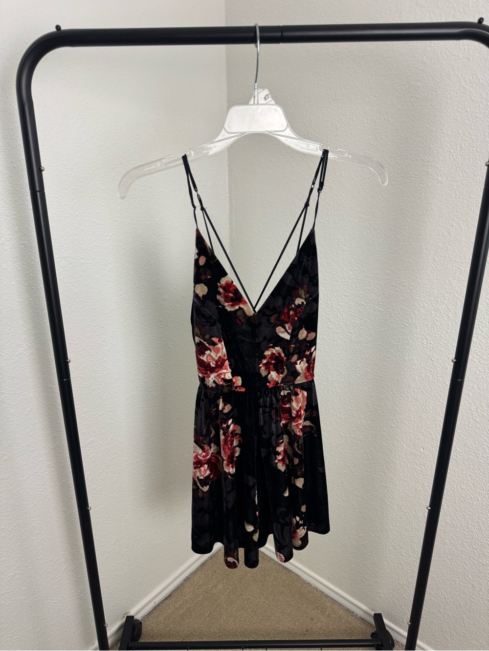 Black Floral Velvet V-Neck Spaghetti Strap Romper